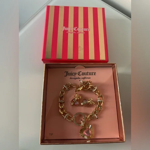 Juicy gold and pink heart charm bracelet with earrings set - Picture 2 of 2